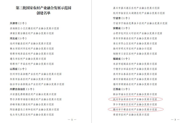 米兰网页版编制的金溪县、于都县农村产业融合发展示范园成功入选“第三批国家农村产业融合发展示范园”创建名单